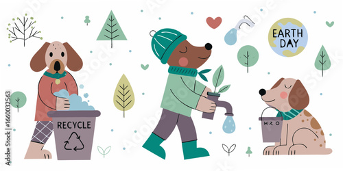 Earth Day Illustration with Dogs Recycling and Planting Trees for a Greener Planet
