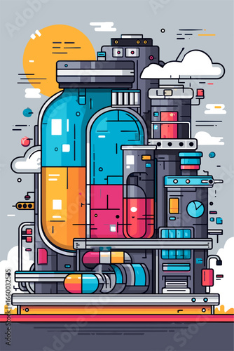 Colorful Industrial Pharmaceutical Illustration with Bottles and Pipes