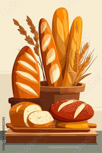 Artistic Vector Illustration of Bread Varieties with Wheat in a Rustic Setting