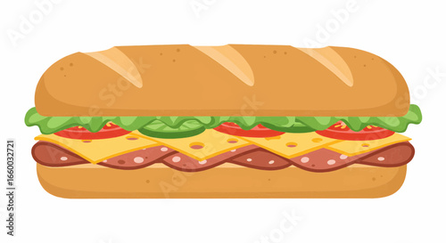 Delicious fresh deli sandwich illustration with various toppings on a long bun, perfect for lunch.