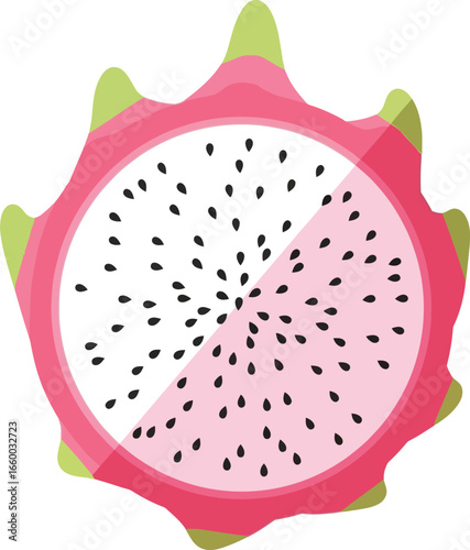 A stylized cross-section of a dragon fruit with a vibrant pink rind, white flesh, and tiny black seeds.
