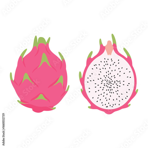 A whole dragon fruit and a cross-section half showing its white flesh and black seeds.