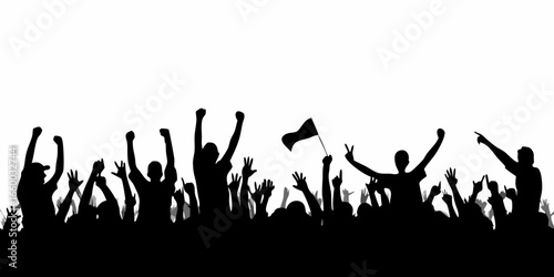 Silhouette of a crowd cheering with raised hands and a flag