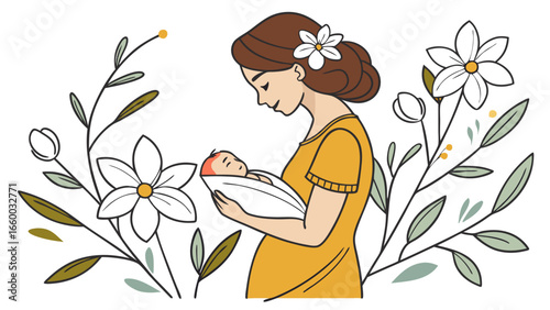 Illustration of a Mother Holding Her Newborn Baby Surrounded by Flowers.
