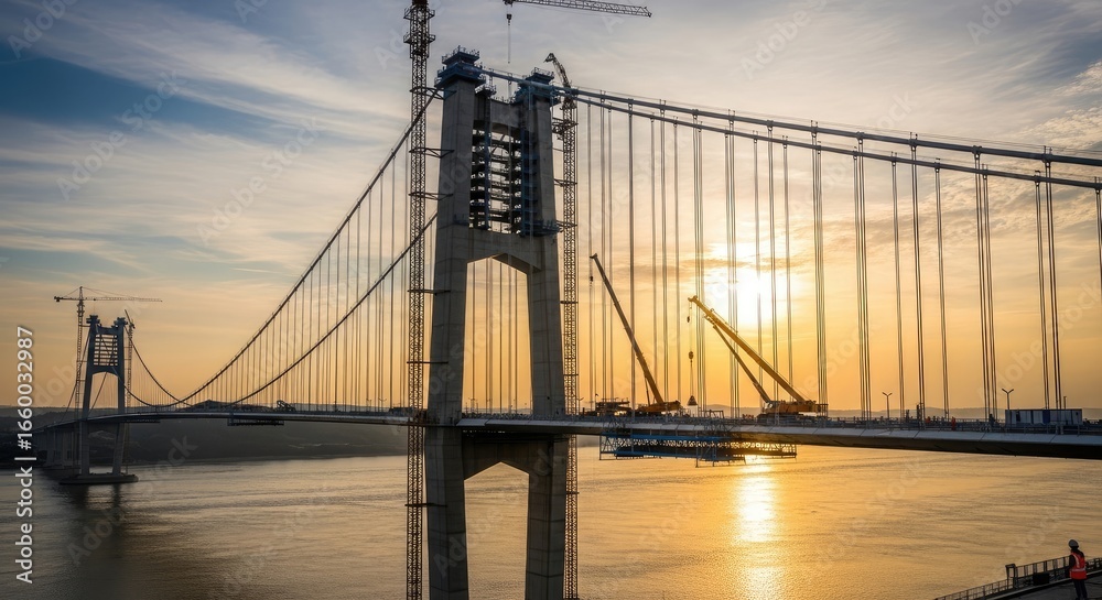 Fototapeta premium Massive suspension bridge under construction over water at sunset, with visible cranes and scaffolding.