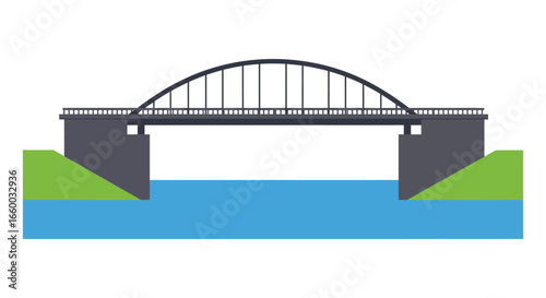 A gray arch bridge Illustration over water with green land 