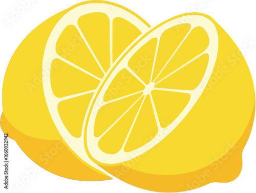 A vibrant illustration of a whole lemon and another lemon sliced in half, showcasing its juicy segments.