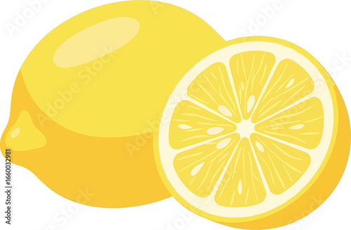 A whole yellow lemon next to a sliced lemon half showing its juicy pulp and segments.