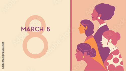 International Womens Day Illustration with Diverse Women Profiles and March 8 Date.