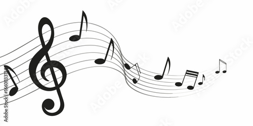Black Musical Notes on Staff Lines Flowing Across a White Background
