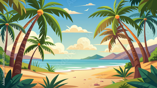 Vector art of a scenic tropical beach with palm trees, turquoise sea, and a clear blue sky, perfect for a summer vacation or travel to a paradise island