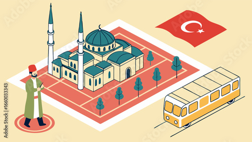 Isometric Illustration of a Turkish Mosque and Minarets.