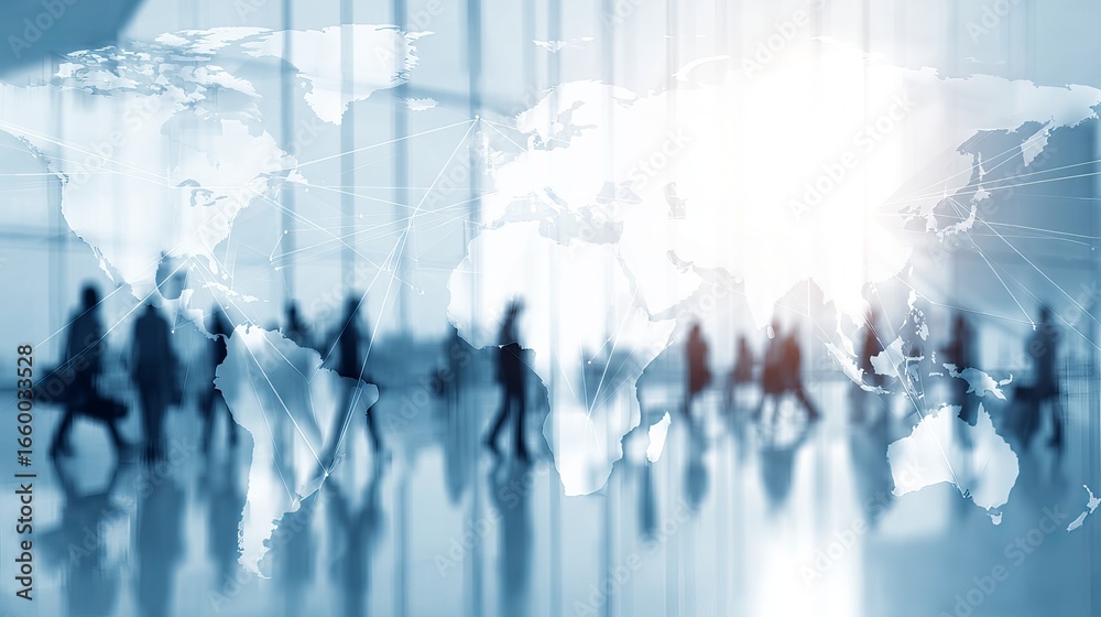 Fototapeta premium Modern Office Lobby with Silhouettes of Business People and Overlay of World Map with Connected Points Representing Global Network