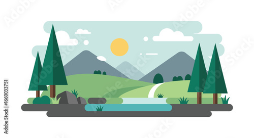a serene landscape with mountains trees and a small pond