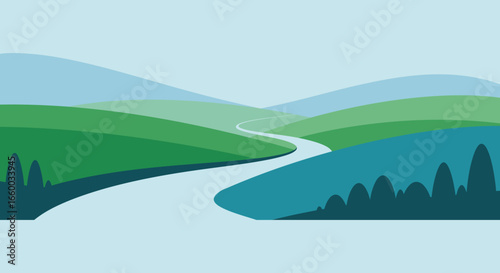 A serene landscape with a winding road and rolling hills