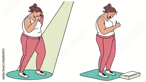 Overweight Woman on Scale Before and After Weight Loss.