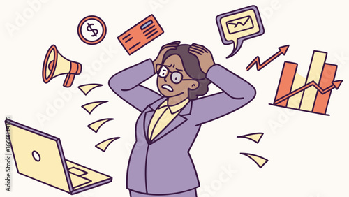 Overwhelmed Businesswoman Facing Multiple Business Challenges.
