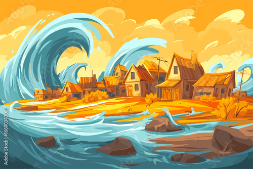 Dramatic Coastal Landscape with Giant Waves and Rustic Houses