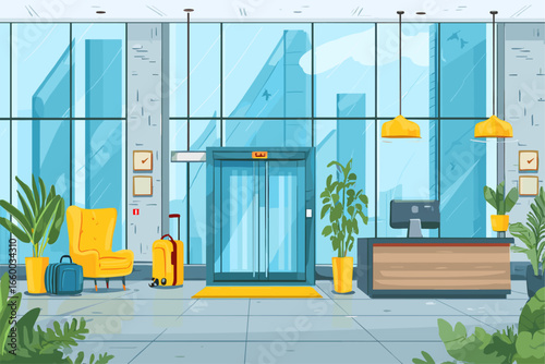 Modern Hotel Lobby with Glass Windows and Stylish Furnishings