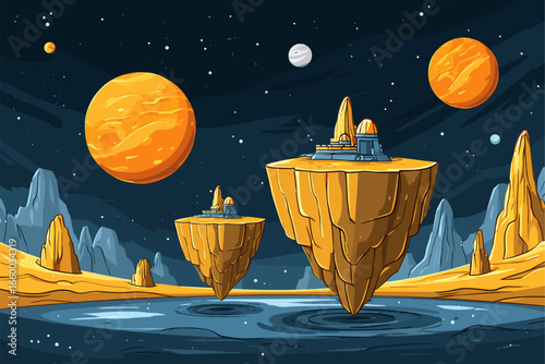 Futuristic Floating Planets Landscape with Observatories and Stars