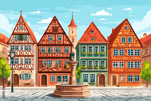 Charming Historic Town Square with Half-timbered Houses and Fountain