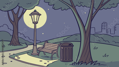 Peaceful Park Scene at Night with Lamppost and Bench.