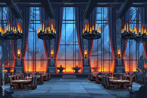 Mystical Gothic Dining Hall with Dramatic Sunset View