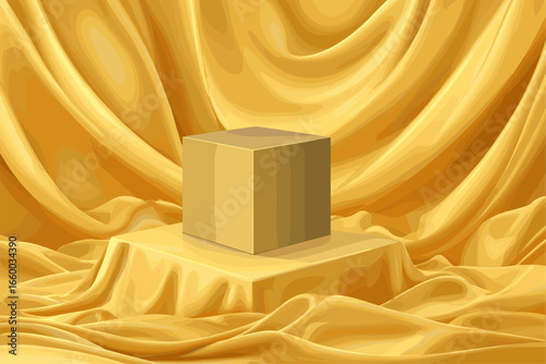 Stylized Golden Cube on Luxurious Fabric Background for Product Showcase