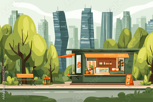 Colorful Food Truck in Urban Park Setting with Tall Buildings