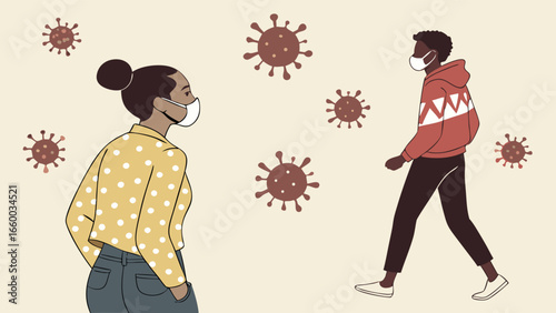 People Wearing Masks During Pandemic Coronavirus Molecules Social Distancing.