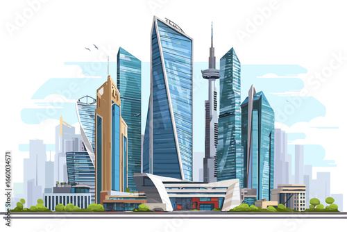 Modern City Skyline with Futuristic Skyscrapers and Green Spaces