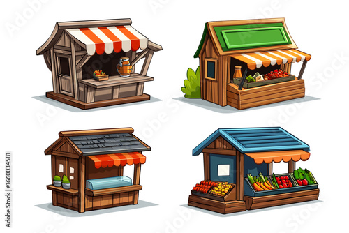A Collection of Colorful Rustic Market Stalls for Fresh Produce and Goods