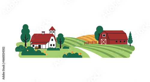 A white house and red barn on a green farm landscape with fields