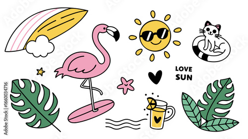 Pink Flamingo Surfing on a Pink Surfboard with Tropical Elements.