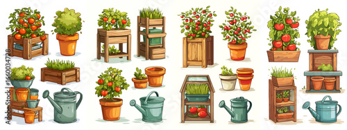 Collection of Illustrated Garden Plants and Gardening Tools in a Colorful Style