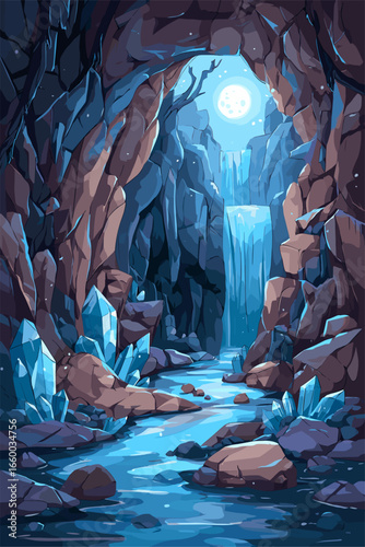 Mystical Cave with Waterfall and Crystals under Moonlight