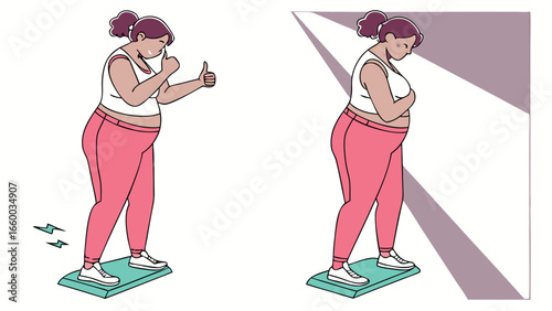 PlusSize Woman Weighing Herself Showing Two Different Emotional Reactions.