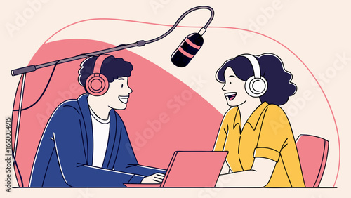 Podcast Recording Session with Two People Wearing Headphones and Using a Microphone.