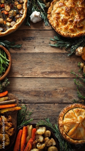 Roasted vegetables and savory pies are arranged on a rustic wooden table for celebration
