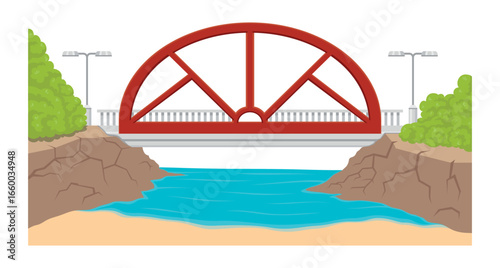 An illustration of a red metal arch bridge gracefully spanning a narrow river surrounded by rocky banks and vibrant greenery
