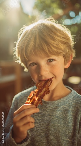 A cheerful child takes a bite of crispy bacon, surrounded by greenery and warm sunshine