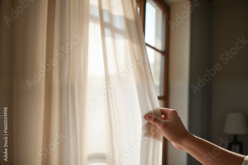 Hand Gently Pulling Sheer Curtain in Bright Sunlight Room Free Download Hand Gently Pulling Sheer Curtain in Bright Sunlight Room - GFXLoad
