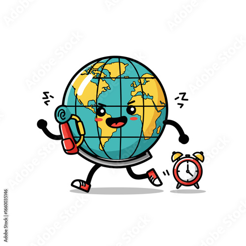 Cartoon Earth globe jogging with alarm clock