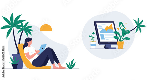 woman relaxing in chair with tablet and plants around her at home office