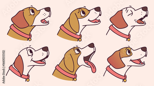 Six Adorable Cartoon Beagle Dog Heads with Pink Collars.