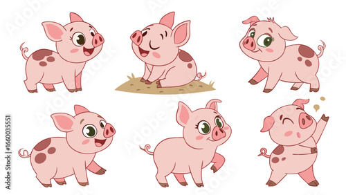 Six Adorable Cartoon Piglets with Brown Spots Various Poses.