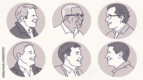 Six Profile Illustrations of Smiling Men in Circular Frames.