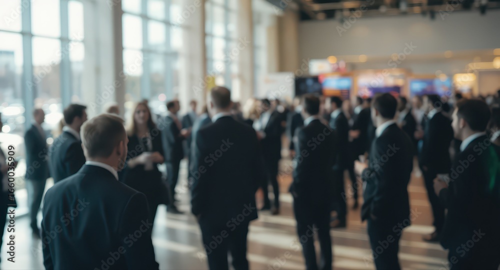 Fototapeta premium Large group of business professionals networking in a sunlit, contemporary exhibition center