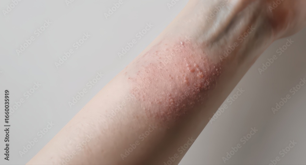 Fototapeta premium Close up of a human arm with severe eczema, showing dry, red, inflamed, and scaly skin