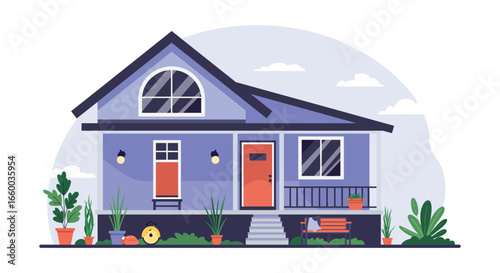 A purple house with a porch and plants in front of it